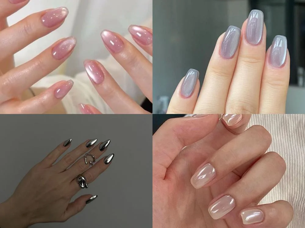 Bộ sưu tập nail tay hồng nude và xanh ngọc ánh kim